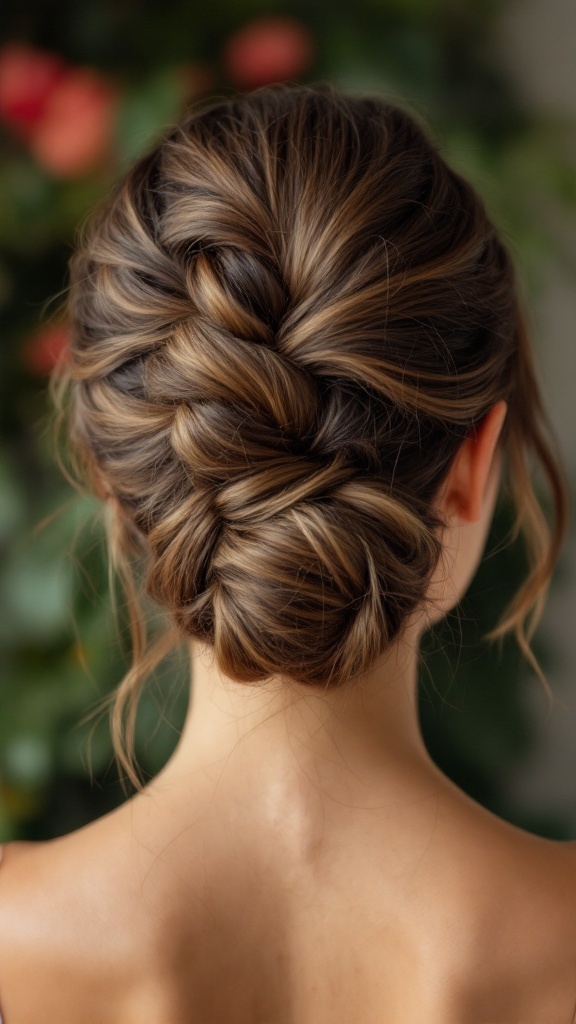 A classic French twist hairstyle, showcasing a neat and elegant updo with soft waves, perfect for summer.