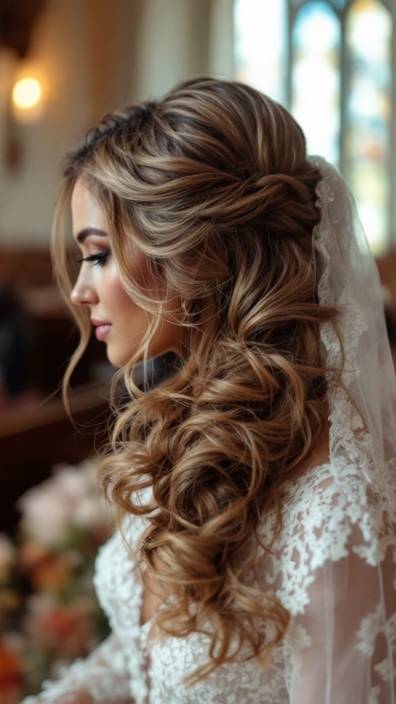 Bride with classic French twist hairstyle and soft curls