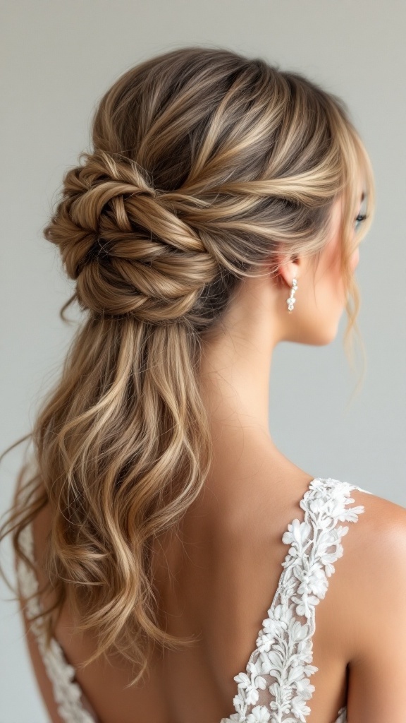 A woman showing a Classic French Twist Half-Up hairstyle with loose curls and elegant earrings.
