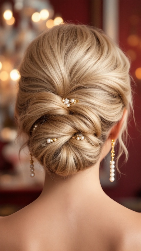 A classic French twist hairstyle adorned with pearl hairpins, showcasing elegance and sophistication.