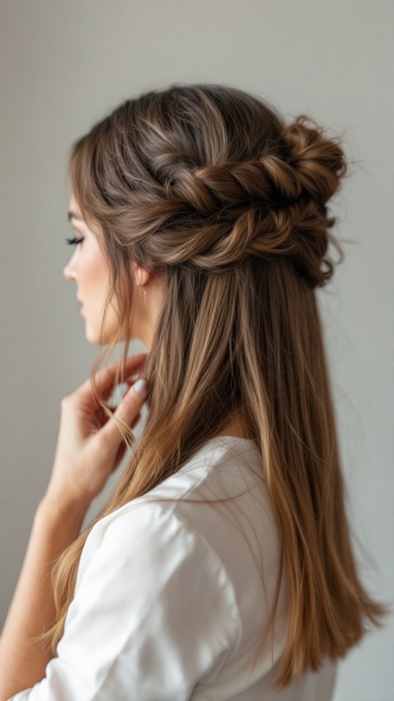 A woman with straight hair styled in a classic half up half down hairstyle