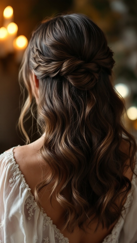 Half up hairstyle with soft waves featuring a twist at the crown.