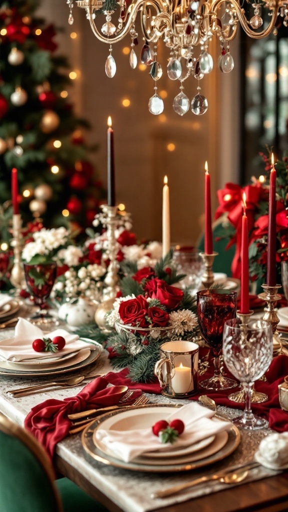 A beautifully arranged festive table for a winter bridal shower with red and gold decorations, elegant tableware, and festive candlelight.