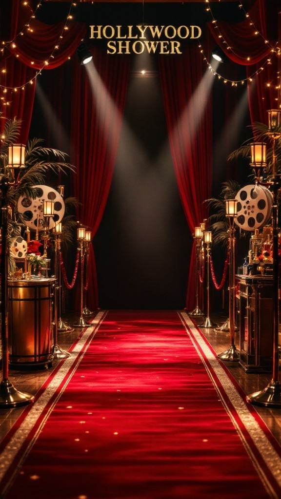 A glamorous Hollywood-themed bridal shower entrance with a red carpet, golden decor, and bright spotlights.