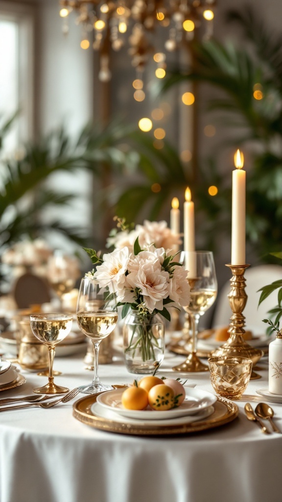 A beautifully set table with golden accents, floral arrangements, and elegant glassware, creating a Classic Hollywood glam atmosphere.