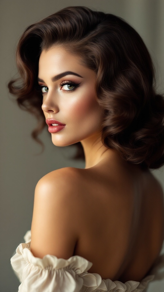 A woman with long, classic Hollywood waves styled with a side part, showcasing soft curls and a glamorous look.