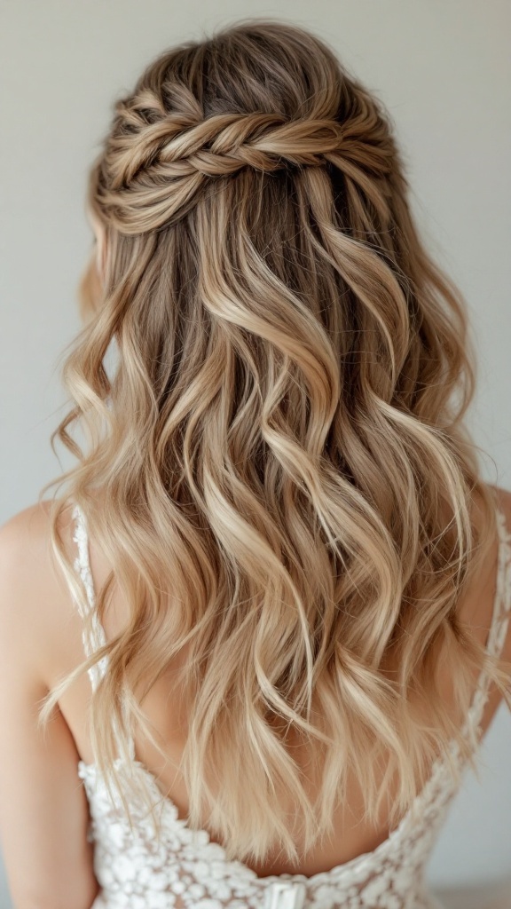 A woman with medium-length hair styled in classic loose waves with a braid at the crown.