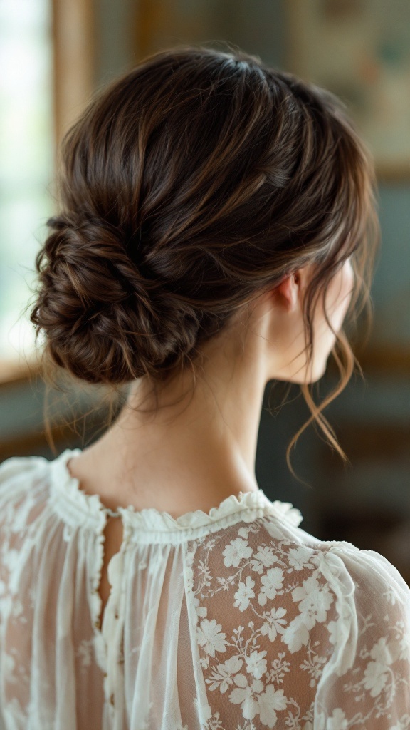 A woman with medium hair styled in a classic low bun, wearing a delicate floral blouse.