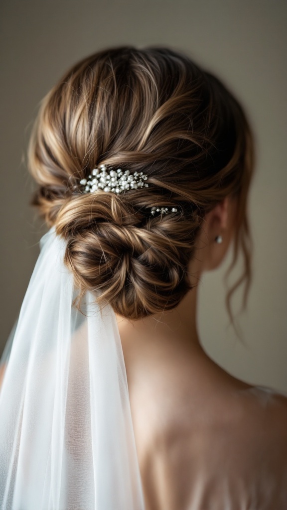 A bride's classic low chignon hairstyle adorned with a veil and delicate hairpins.