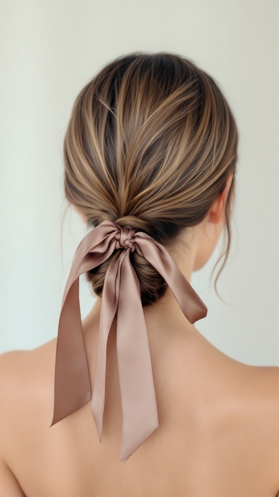 A classic low ponytail with a satin ribbon tied at the base.