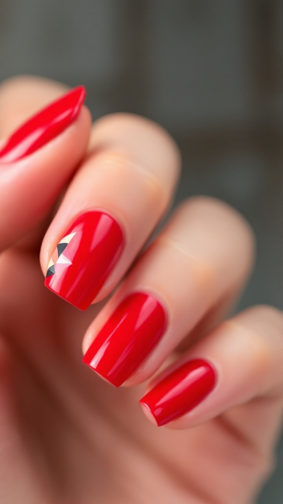 Hand displaying glossy classic red nails with a geometric accent on one nail