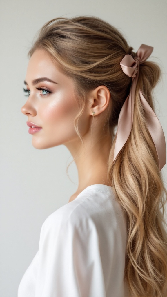 A side ponytail hairstyle with volume, featuring soft waves and a ribbon, perfect for bridesmaids with thin hair.