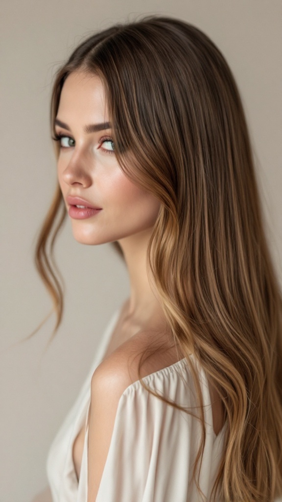 A woman with long, straight hair styled in a sleek manner with a center part, wearing a light-colored top.