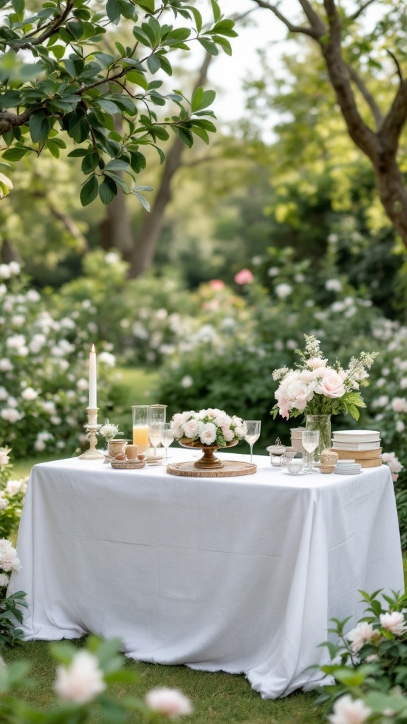 A beautifully arranged table in a garden, featuring soft pink flowers, elegant glassware, and a white tablecloth surrounded by lush greenery.