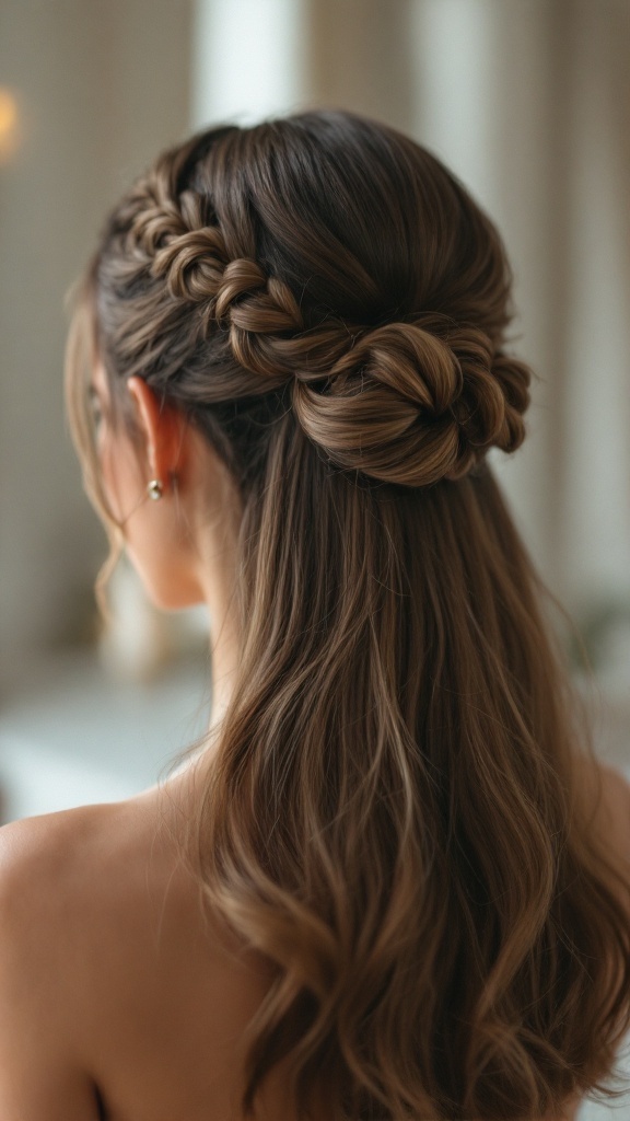 A woman with straight half up half down hairstyle featuring a braided crown and loose waves.