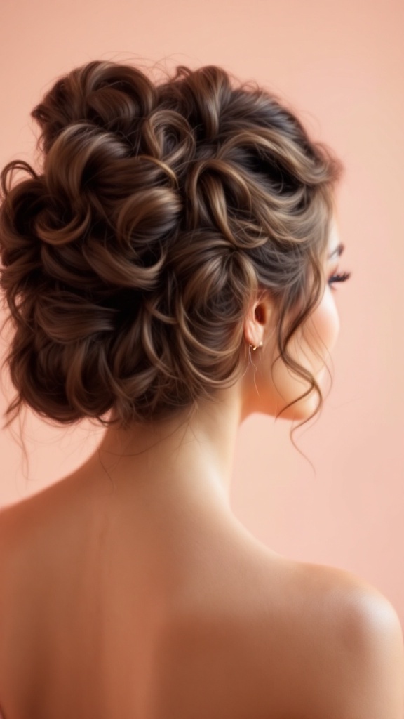 A beautiful classic updo hairstyle featuring curly tendrils, ideal for bridesmaids.