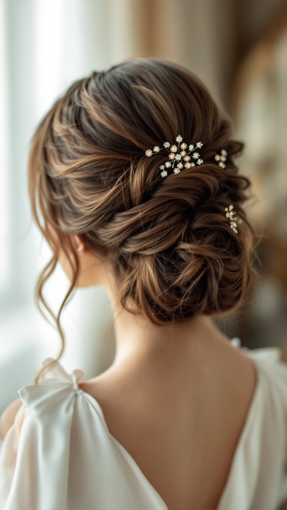 A classic updo hairstyle with vintage hairpins for medium-length hair.