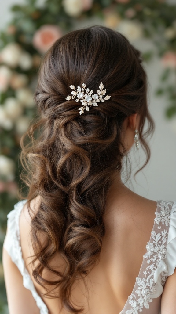 Bridesmaid hairstyle featuring soft waves and a chic hair clip