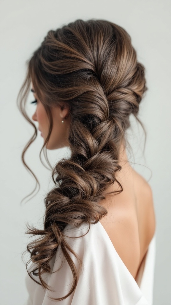 A woman with a side part half up half down hairstyle, featuring soft waves and a twisted braid.
