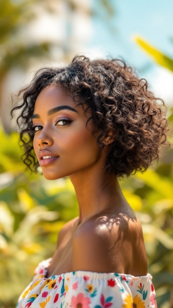 A woman with curly short hair, wearing a floral off-the-shoulder top, surrounded by greenery.