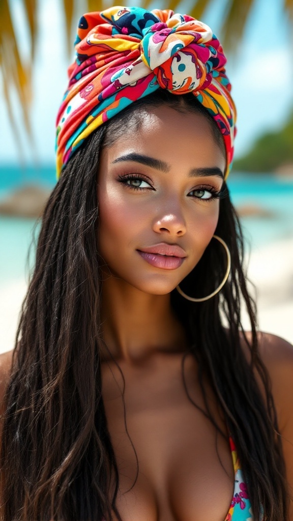 A woman with long hair wearing a colorful hair wrap at the beach