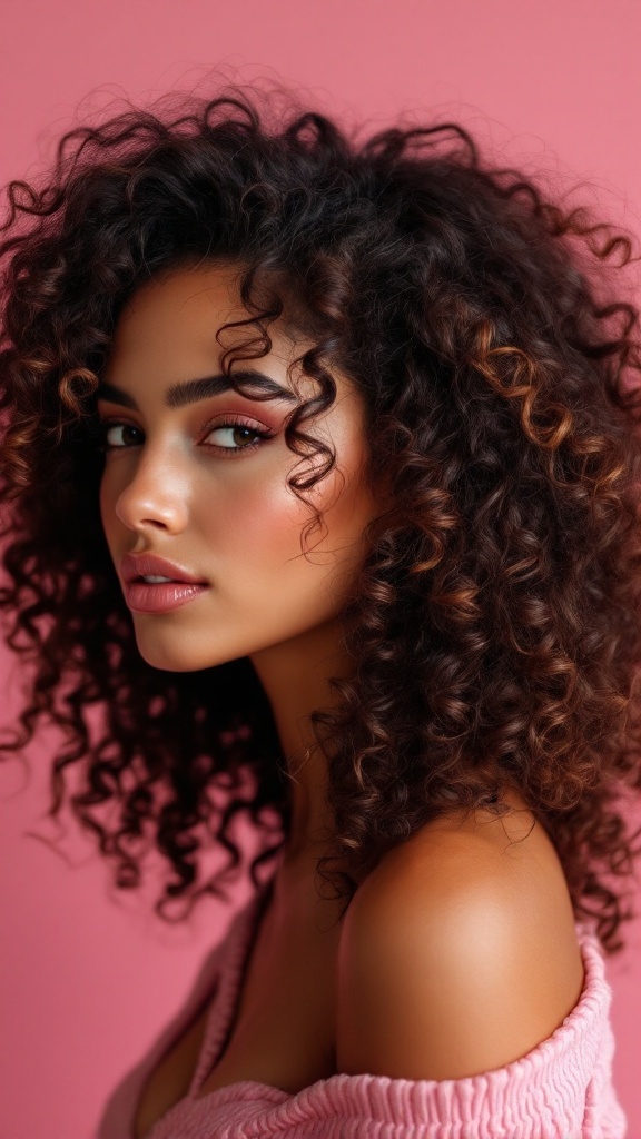 A woman with curly hair showcasing beautiful blonde highlights against a pink background.