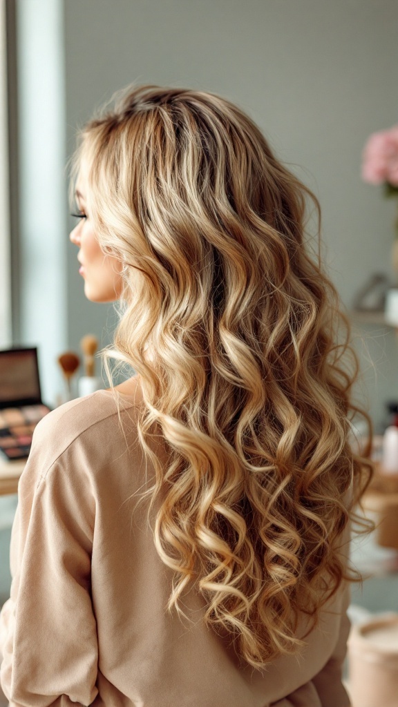 A woman with blonde highlights and curly hair, showcasing a natural makeup look
