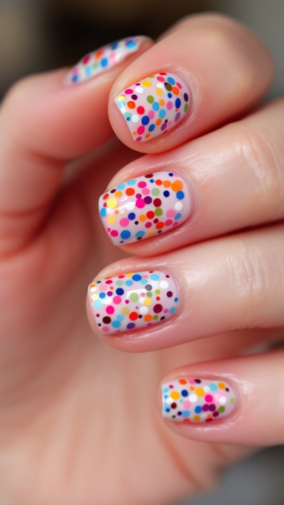 Colorful confetti nail accents on a light background, perfect for birthday celebrations.