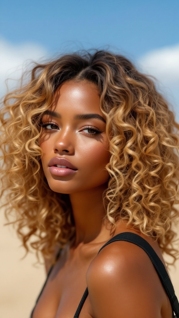 A woman with honey blonde layered hair and natural curls, showcasing a beautiful contrast against her dark skin.