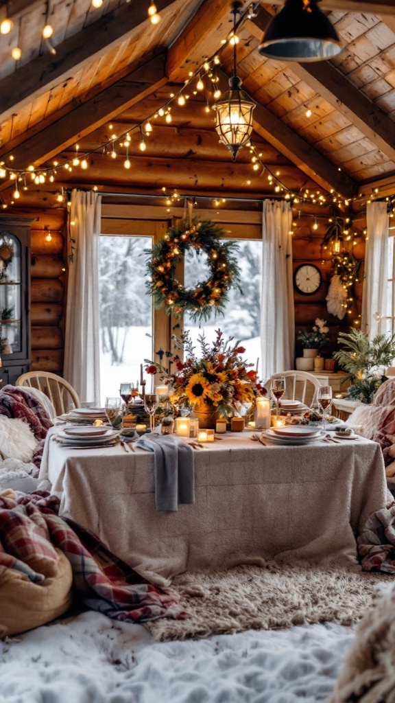 Cozy cabin interior decorated for a winter bridal shower with string lights, a beautifully set table, and snow outside.