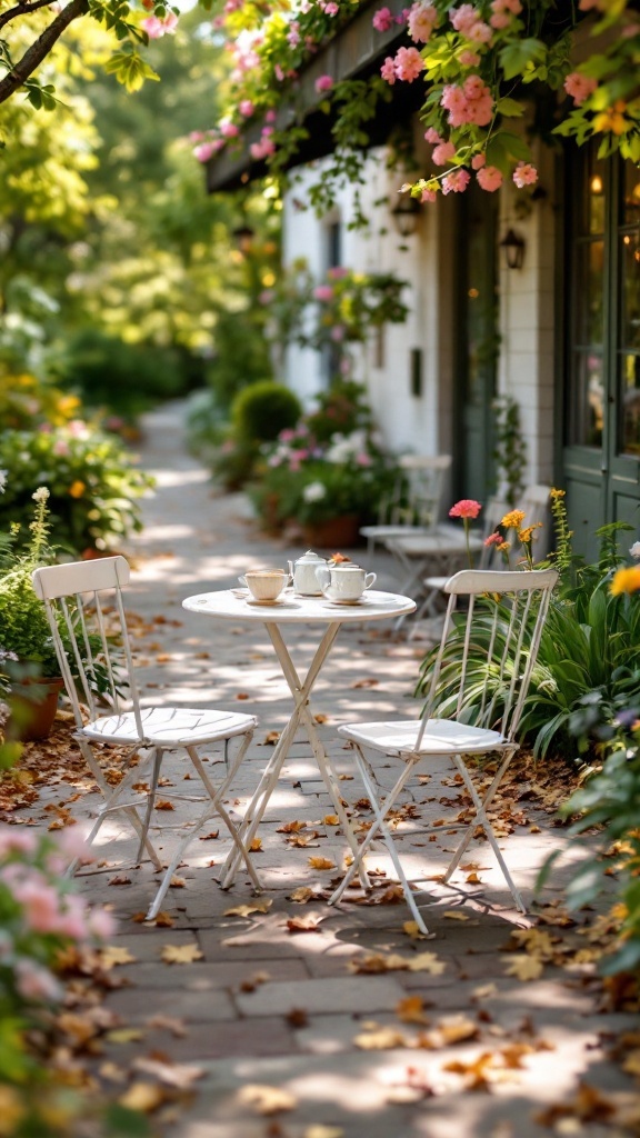A small round table with two chairs set in a flower-adorned outdoor pathway.