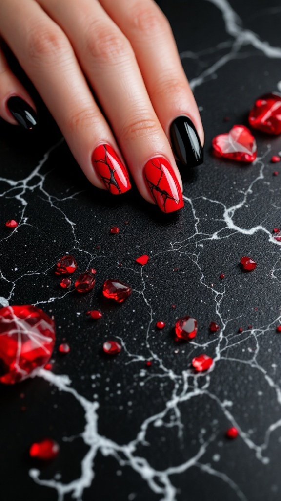 Close-up of nails with crimson and black marble effect, surrounded by red gems on a black background.