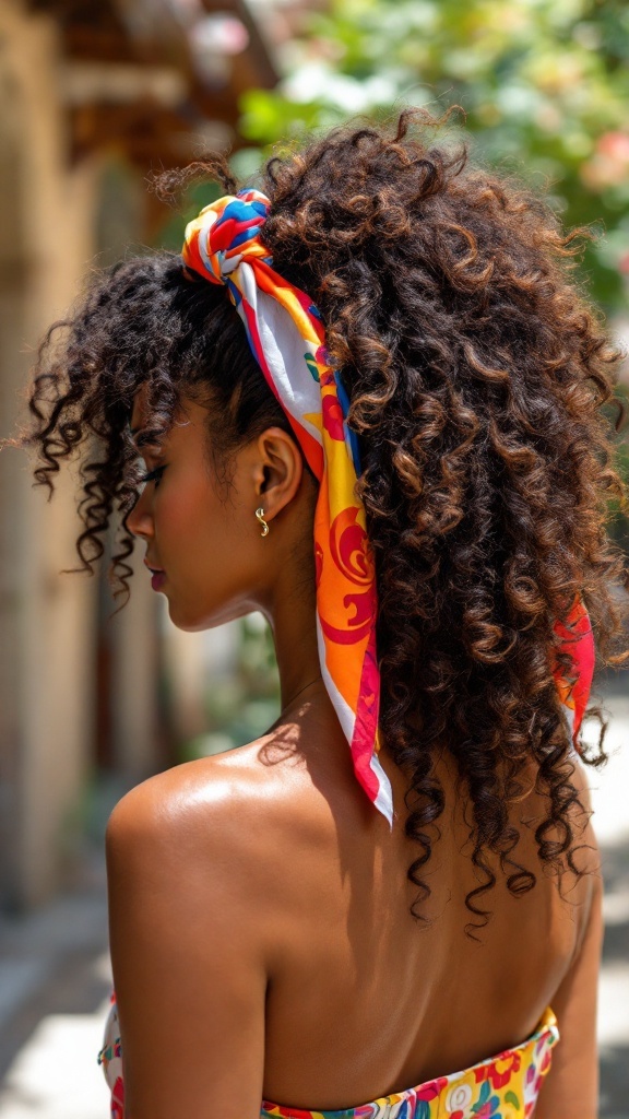 A woman with curly hair styled with a colorful scarf, showcasing a fun, vibrant look.