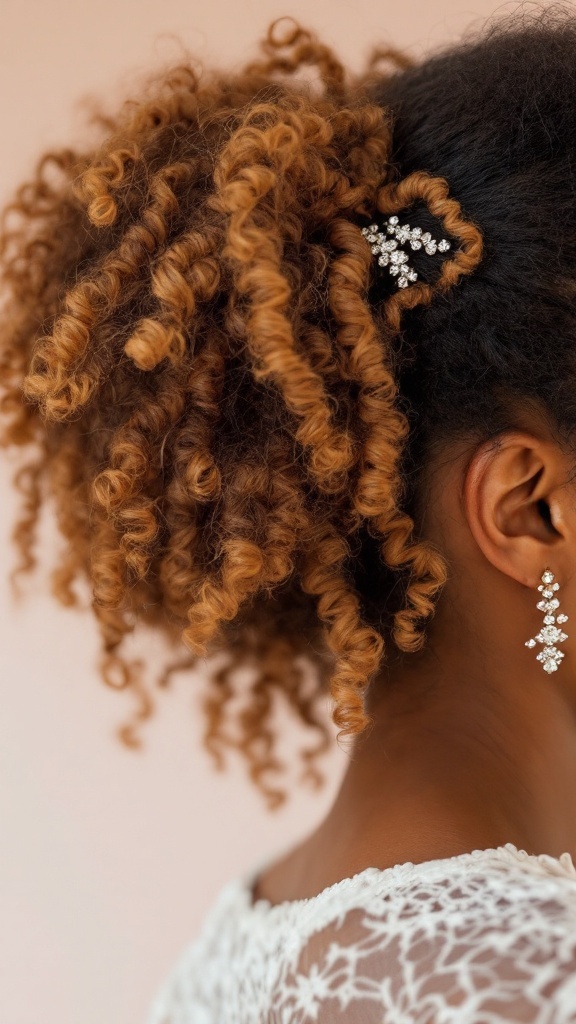 A close-up image of a woman with a curly afro hairstyle decorated with sparkling hair clips.