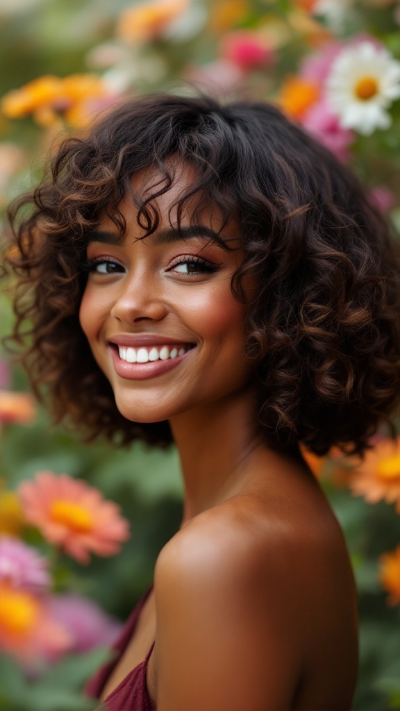 A woman with a curly bob hairstyle smiling in front of colorful flowers