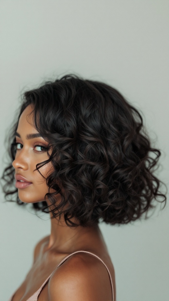 A woman with a curly bob hairstyle, showcasing defined curls and a soft, layered look.