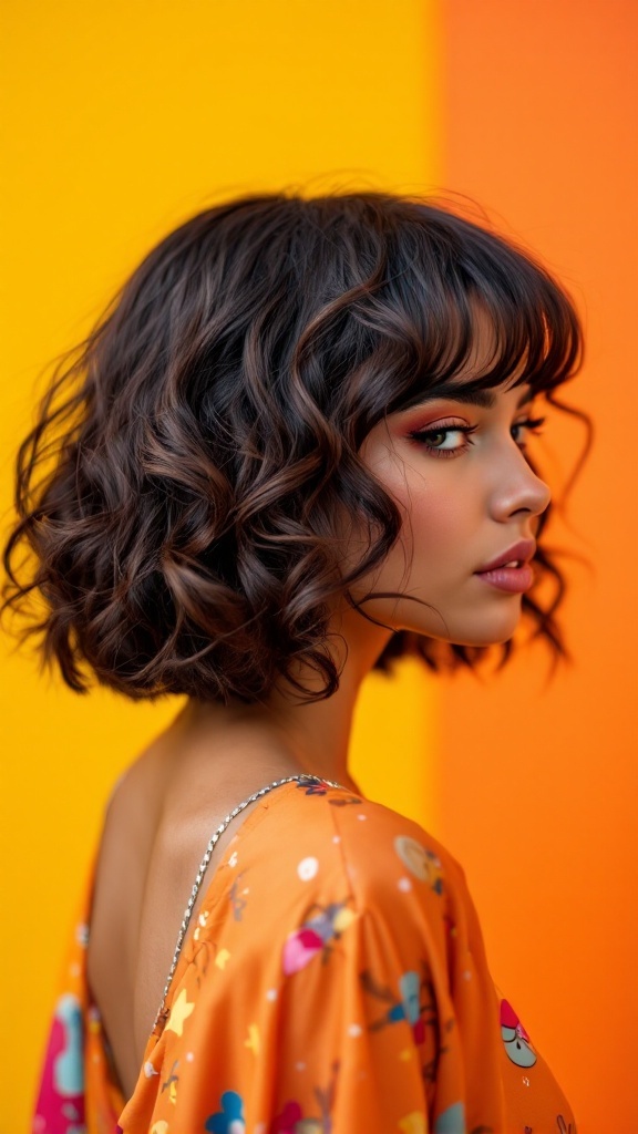 A model with a curly bob hairstyle and bangs, set against a colorful background.