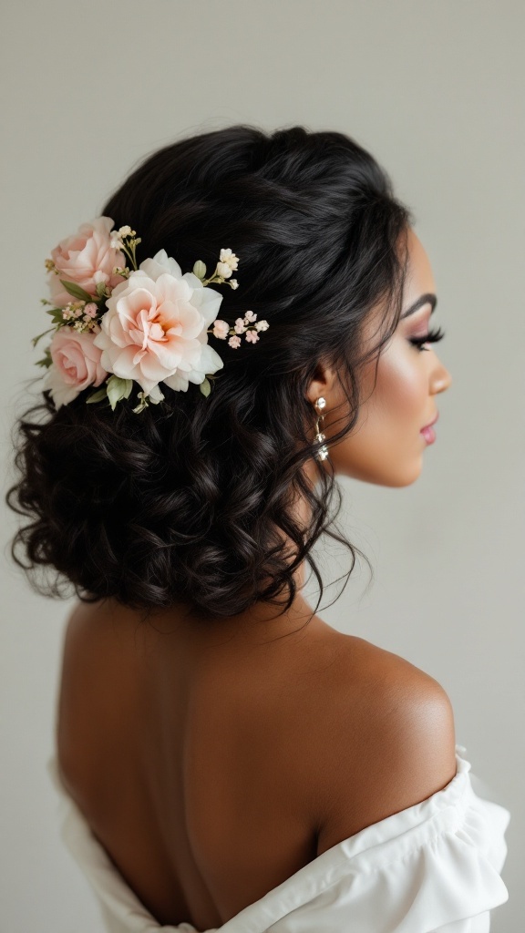 A woman with a curly bob hairstyle adorned with pink flowers.