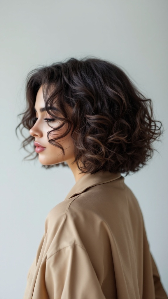 A woman with curly hair styled in a bob with a side part
