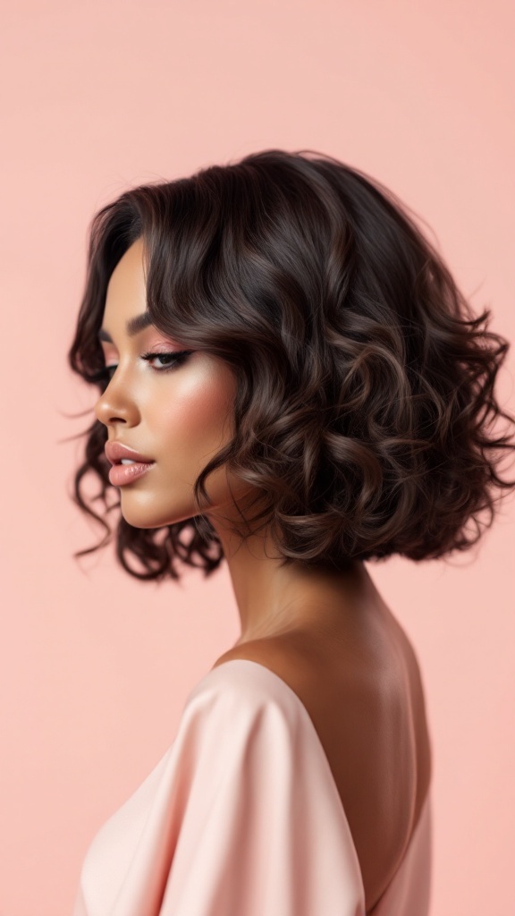 A woman with a curly bob hairstyle featuring a side part, showcasing bouncy curls and a smooth finish.