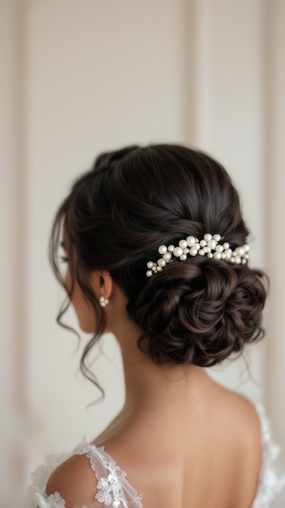 A woman with a curly chignon hairstyle adorned with pearl accessories, showcasing elegance for a wedding.