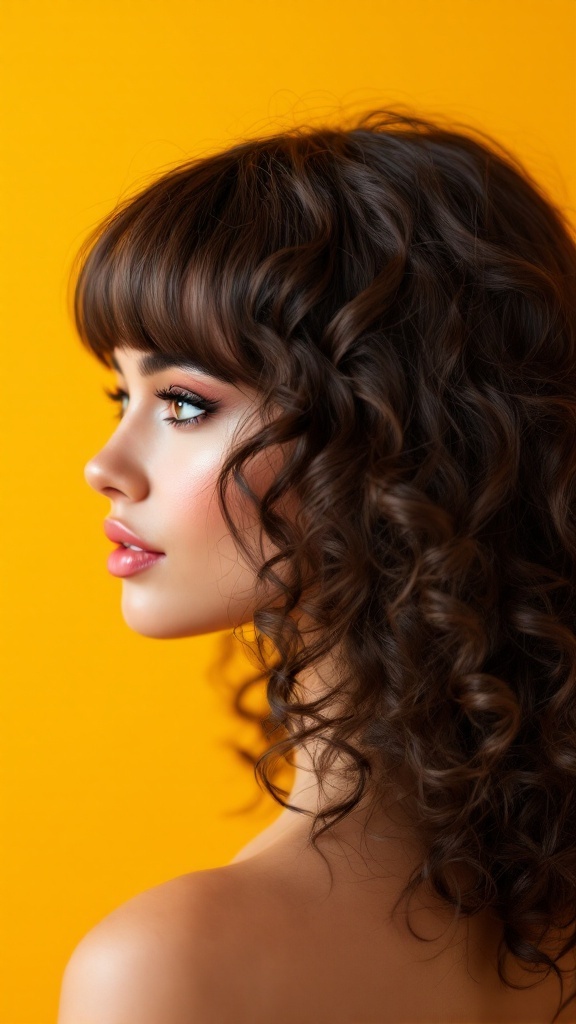 Model with curly fringe hairstyle against a yellow background