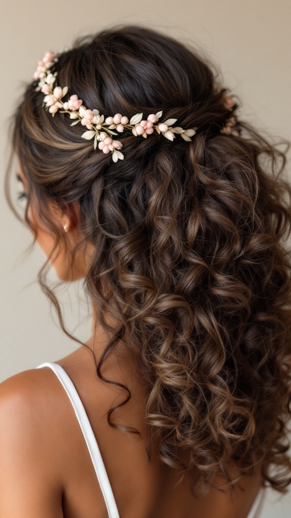 Bridesmaid hairstyle featuring curly hair adorned with a decorative headband
