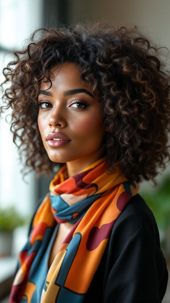 A woman with curly hair wearing a colorful scarf, showcasing a fashionable work hairstyle.