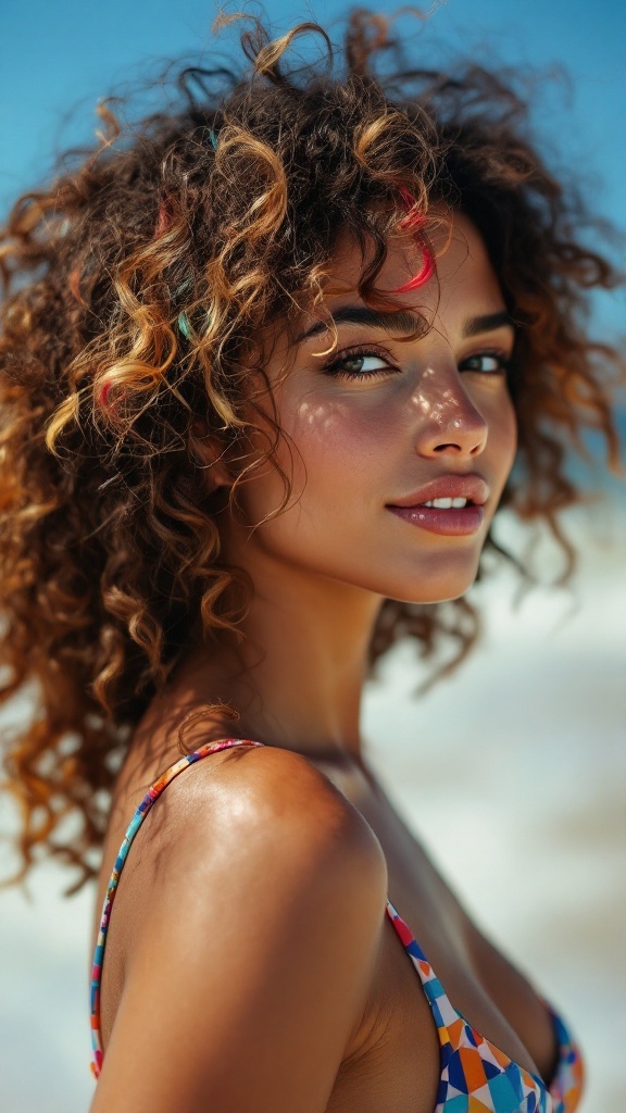 A woman with curly hair and colorful highlights, enjoying a sunny day