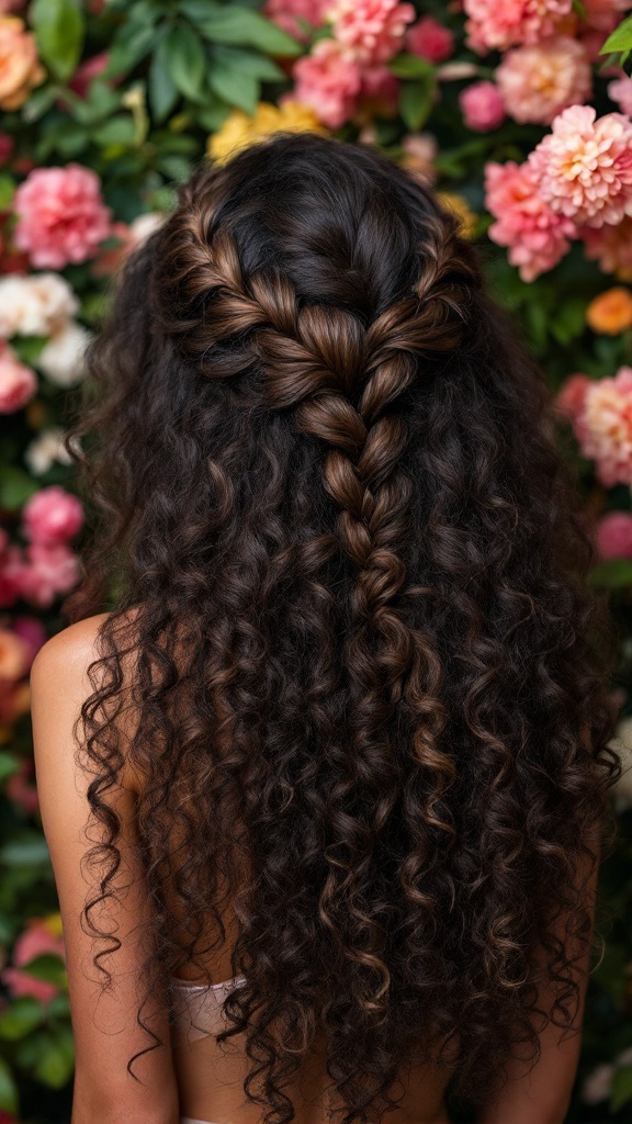 A hairstyle featuring curled hair with a dramatic side braid, set against a backdrop of colorful flowers.