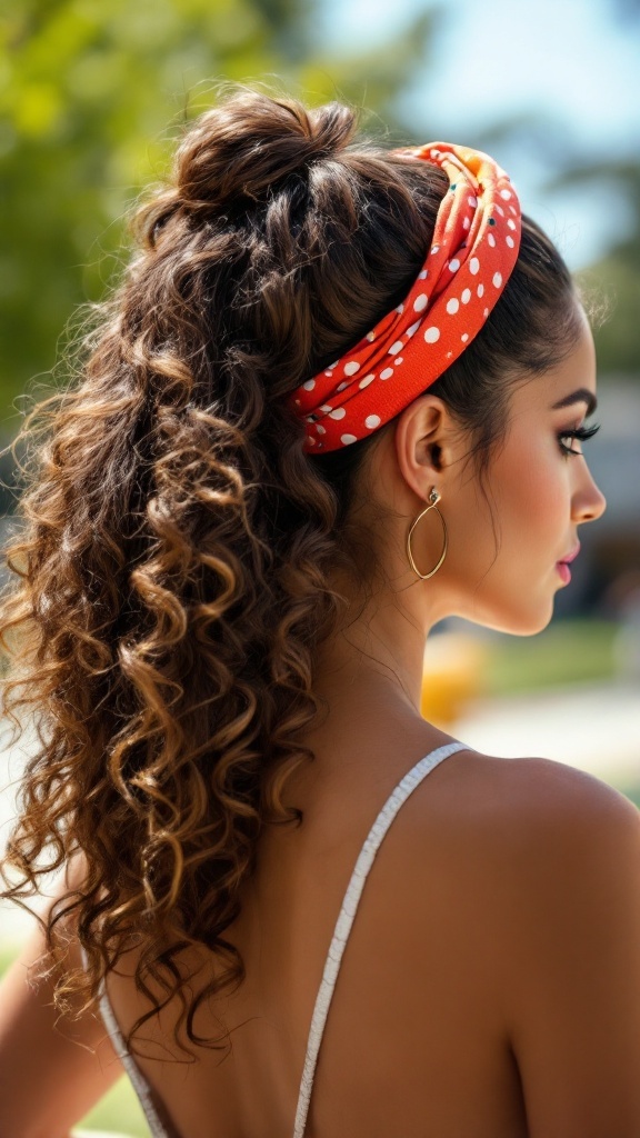 A woman with curly hair styled with a bright orange polka-dotted headband, showcasing elegant curls.