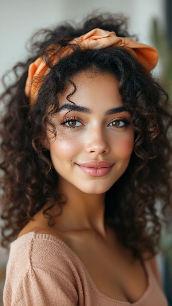 A woman with curly hair wearing a headband, smiling and looking friendly.