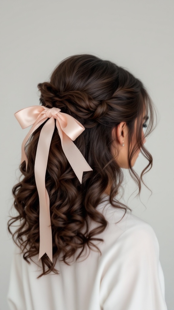 A woman with medium-length curly hair styled in a half up half down hairstyle, adorned with a pink ribbon.