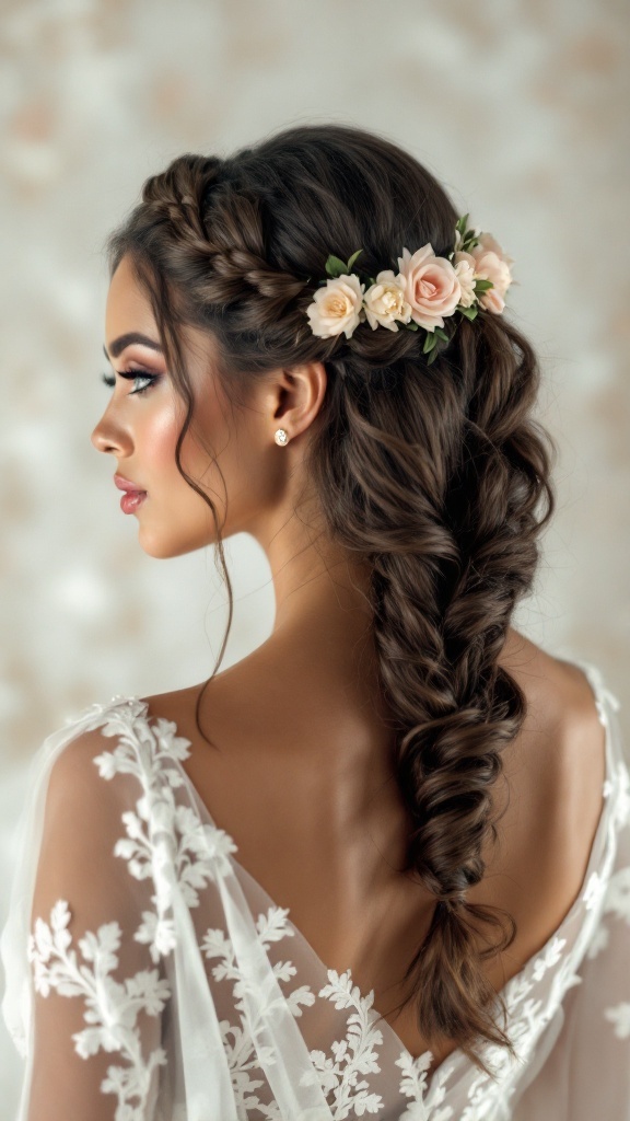 A model with a curly halo braid hairstyle decorated with roses, showcasing a romantic bridal look.